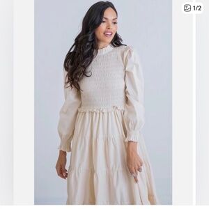 Karlie Smocked Tiered Long Sleeve Maxi DressSs M Beige